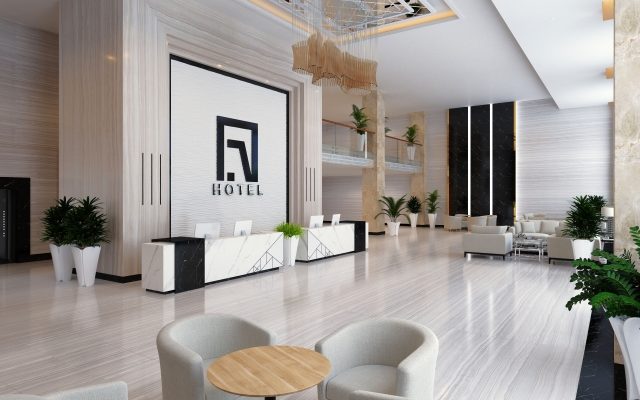 白を基調としたお洒落なホテルのロビー